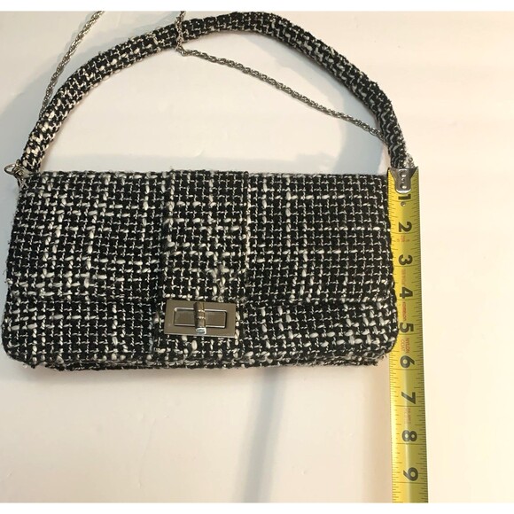 Wild Rose Tweed Handbag Black White Top Handle Removeable Silver Crossbody Chain - Picture 14 of 15